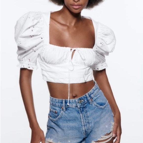 ZARA embroidered eyelet crop top white L - Picture 1 of 7